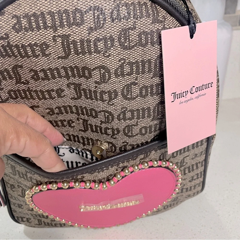 NEW Juicy Couture Brown Monogram‎ Mini Backpack Pink Studded Heart Gothic Logo